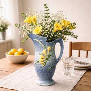 Vintage Roseville Pottery Vase, Freesia Flower Ewer, Art Pottery Pitcher